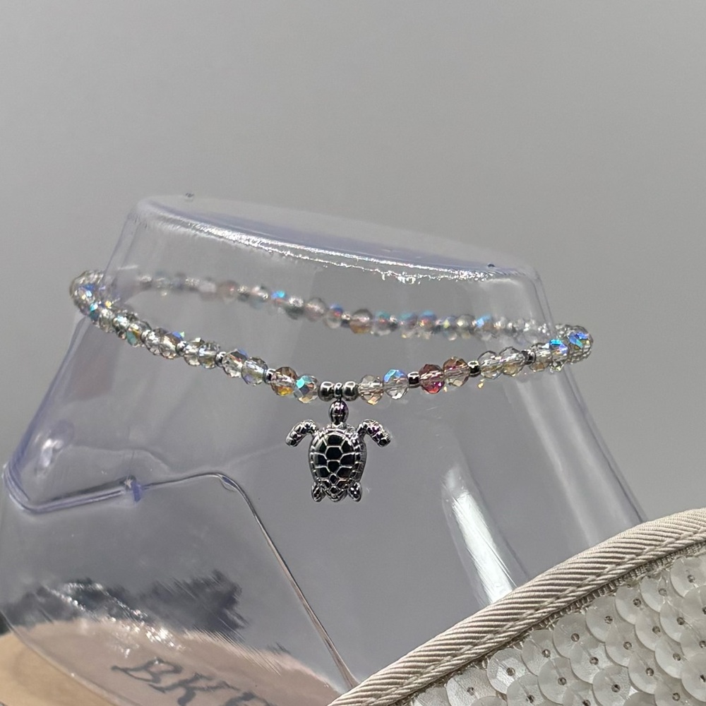 *ANKLET* S. Steel Silver Sea Turtle & AB Sunset Colors Stretchy Anklet - Picture 4 of 7